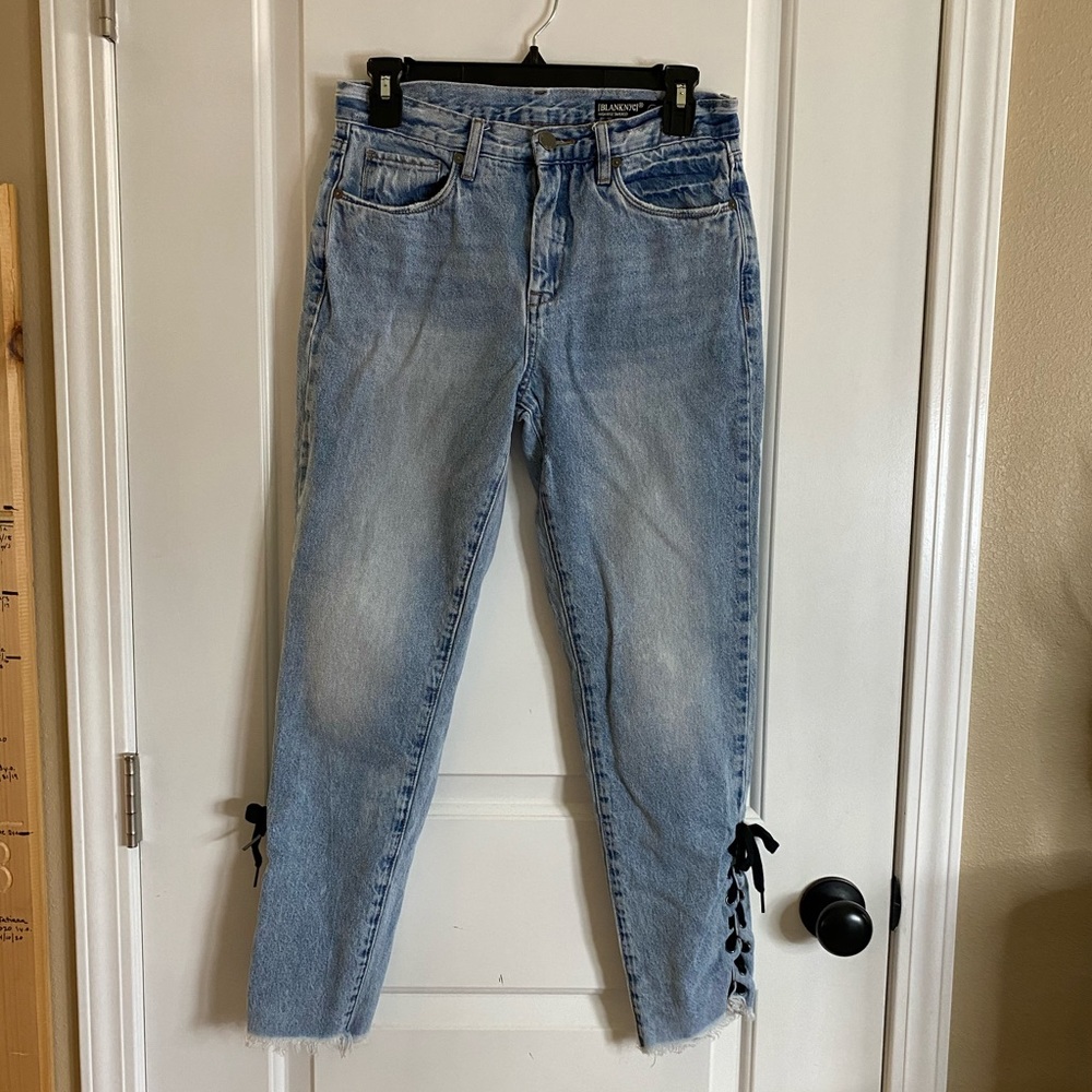 Blank NYC High Rise Tapered Lace Up Raw Hem Jeans - Picture 5 of 13